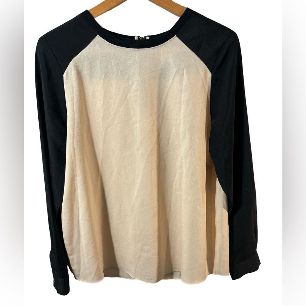 ANNE KLEIN Black Cream Blouse Color block Long Sleeve Blouse Semi-sheer Med